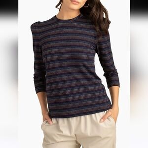 Trina Turk La Paloma Navy Metallic Multi-Colored Stripe Top Size L